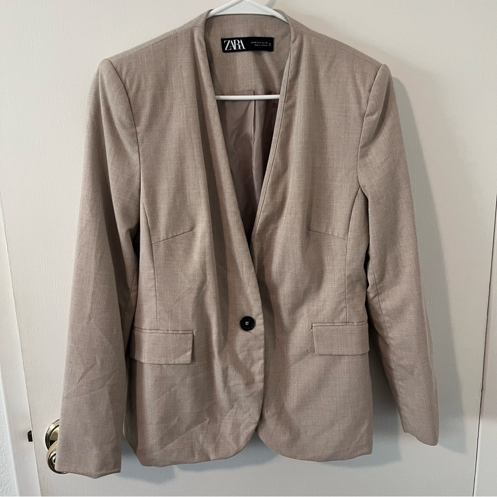 Zara Beige Collarless Single Button Blazer Jacket Structured Office Size 8 Euc